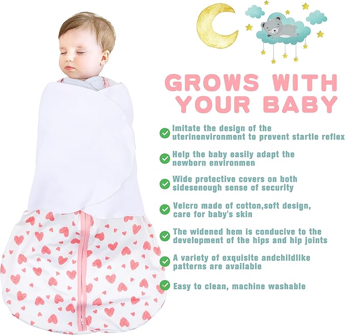 Newborn Sleep Sack Baby Swaddle,0-3 Months,3-Way Adjustable Wearable Blanket,100% Rayon Cotton Swaddling Sleeping Bag，TOG 0.5（Heart&Floral）