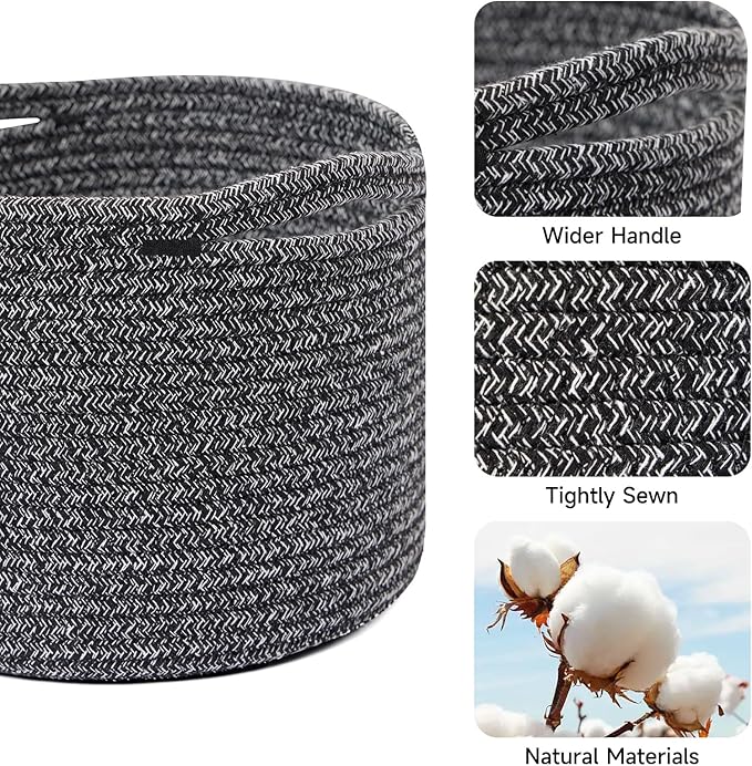 Small Basket for Organizing | Cube Shelf Closet Storage Baskets | 9.7×9.7×7.1” | Woven Rope Gift Basket | Nursery | Round 3 Packs Dark Gray