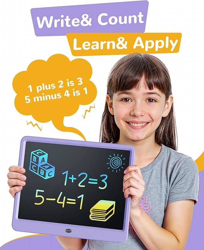 KOKODI LCD Writing Tablet, 12 Inch Colorful Toddler Doodle Board Drawing Tablet, Erasable Reusable Electronic Drawing Pads, Educational and Learning Toy for 3-6 Years Old Boy and Girls(Purple)