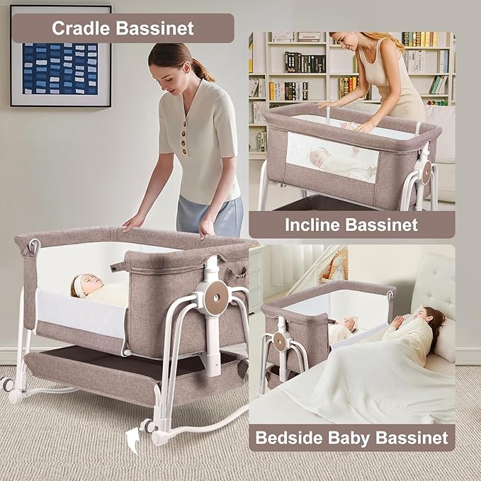 4 in 1 Baby Bassinet Bedside Sleeper, Rocking Baby Crib with Lockable Wheels, Storage, Mosquito Net and Matress Included, 7 Level Adjustable Bedside Bassinet for Baby Newborn(Khaki)