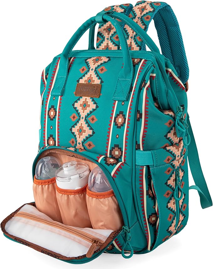 Wrangler Diaper Bag Backpack Aztec Travel Backpack Purses Western Multi-Function Baby Bags for Mom with Waterproof Insulated Pockets