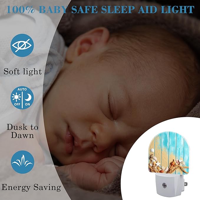 Night Light Plug into Wall Shells and Blue Wooden Planks Night Light with Dusk to Dawn Sensor Night Light for Kid Girls Boys Women Men Room Decor, Hallway, Kitchen, Bathroom, Nursery, Stairs