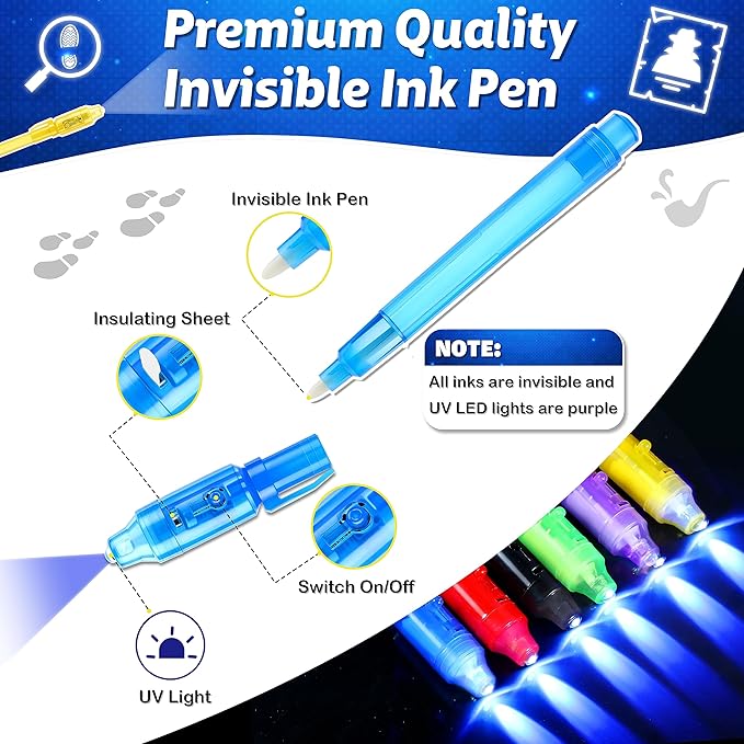 Joycover 12 PCS Invisible Ink Pen with UV Light for Kids, Spy Pens and Notebook, Birthday Party Favors for Kids 4-8, School Prize Goodie Bag Stuffers, UV Pen for Secret Message Escape Room