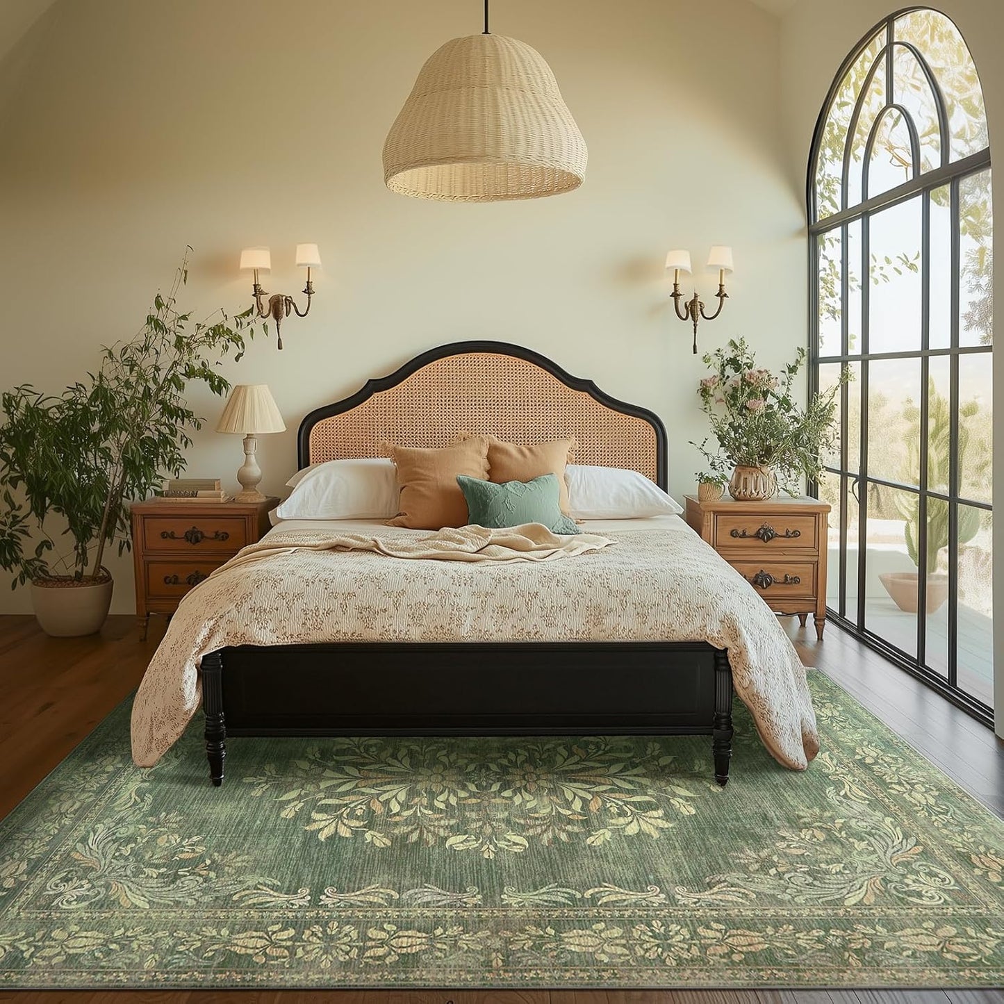 jinchan Green Floral 8x10 Area Rugs for Living Room - Machine Washable Vintage Distressed Design Soft Throw Rug Non-Slip Large Carpet for Bedroom Nursery Dining Room Home Office (8x10ft,Dark Green)