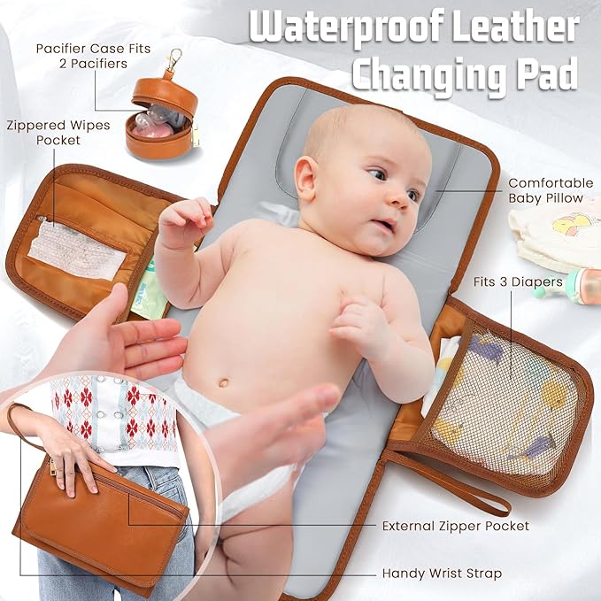 Premium Vegan Leather Diaper Bag Backpack with Waterproof Changing Pad – Reinforced Stitching & Zippers, Baby Bag for Boy Girl, Stroller Straps, Ergonomic Design for Traveling Moms, Brown