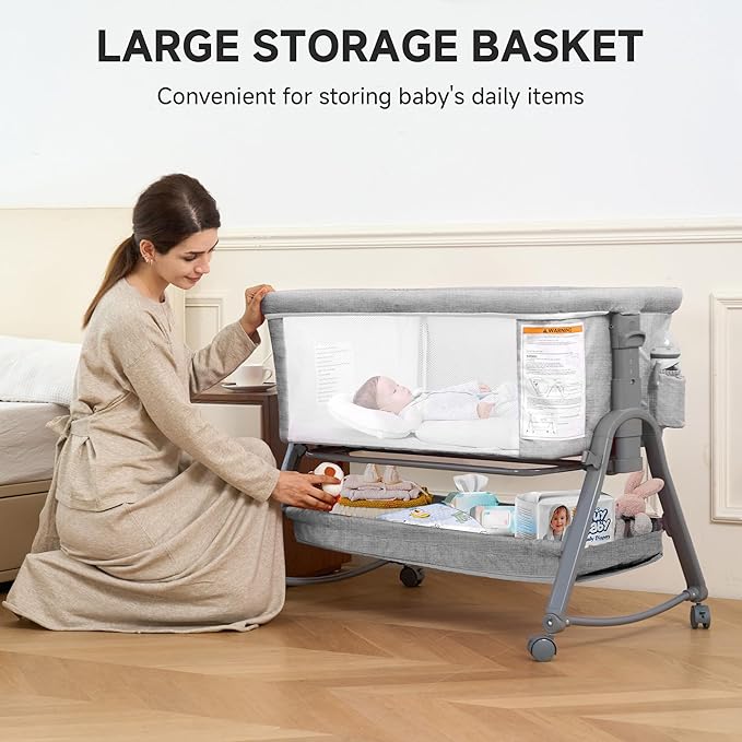 Real Relax Baby Bassinet Bedside Sleeper, 3 in 1 Bedside Rocking Bassinet for Baby with 6 Adjustable Height, Breathable Mesh Sides & Mattress, Storage Basket, Mosquito Nets, Easy to Fold, Grey