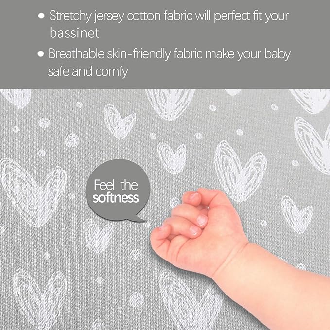 Pack and Play Sheets Compatible with ADOVEL, BabyBond and ELEMARA 4 in 1 Baby Bassinet Bedside Crib, 2 Pack, 100% Jersey Cotton Fitted Sheets, Breathable and Heavenly Soft, Grey and White Star Print