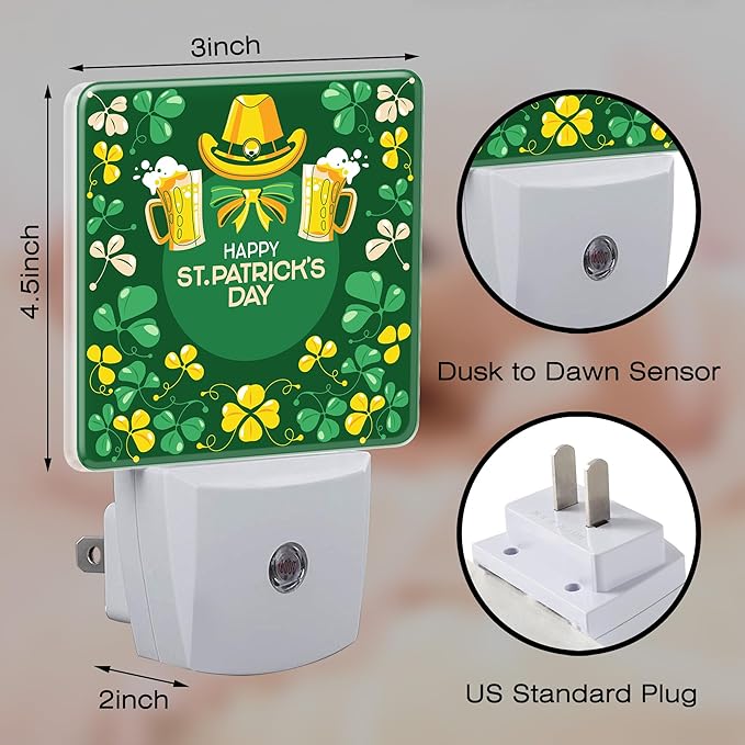 Happy St. Patrick's Day Night Light for Kids,Green Shamrock Leprechaun and Rainbow Night Light Plug in with Dusk to Dawn Sensor, 0.5w Energy Saving Sleep Friendly Nightlight for Kitchen Bedroom