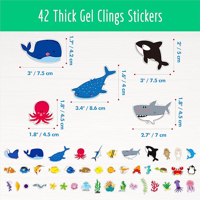 42PCS Marine Animal Jelly Stickers, Thick Window Door Clings Removable Reusable Gel Clings Decals for Kids Toddlers Adults Home Classroom Nursery Animal Party Supplies Decorations (Not Edible)