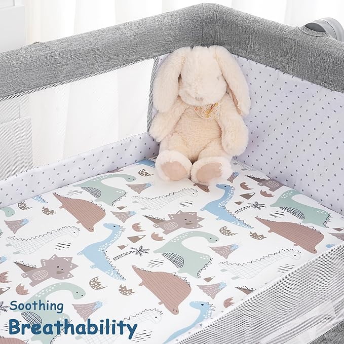 Yoofoss Bassinet Sheets for Baby,3-Pack Fitted Bassinet Sheets Set Compatible with Halo Bassinest Swivel Sleeper,Baby Delight,Angelbliss,Soft Breathable Bassinet Mattress Sheets (Dark Blue+Dinosaurs)