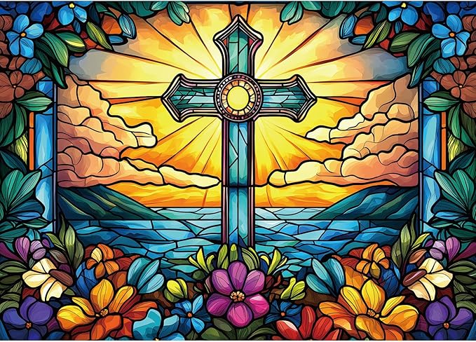 1000 Piece Stained Glass Cross Jigsaw Puzzle for Adults | Challenging & Colorful Cross Flower Pattern | Perfect for Game Nights & Gifts