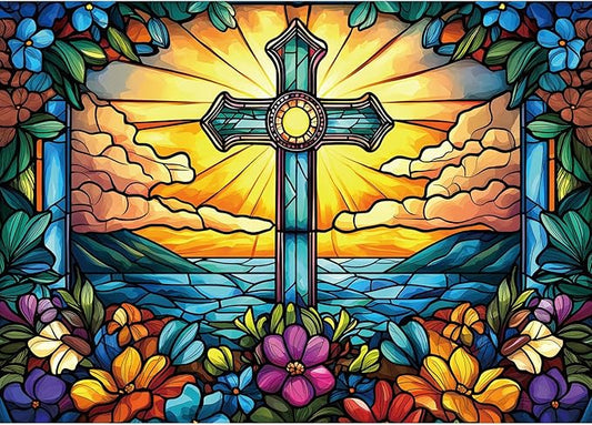 1000 Piece Stained Glass Cross Jigsaw Puzzle for Adults | Challenging & Colorful Cross Flower Pattern | Perfect for Game Nights & Gifts