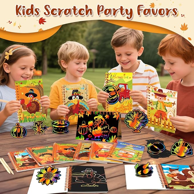 12 Pack Thanksgiving Scratch Art Party Favors for Kids - Rainbow Scratch Paper with Fall Party Scratch Off Cards Easter Birthday Goodie Bags Stuffers - Return Gifts DIY Classroom Prize
