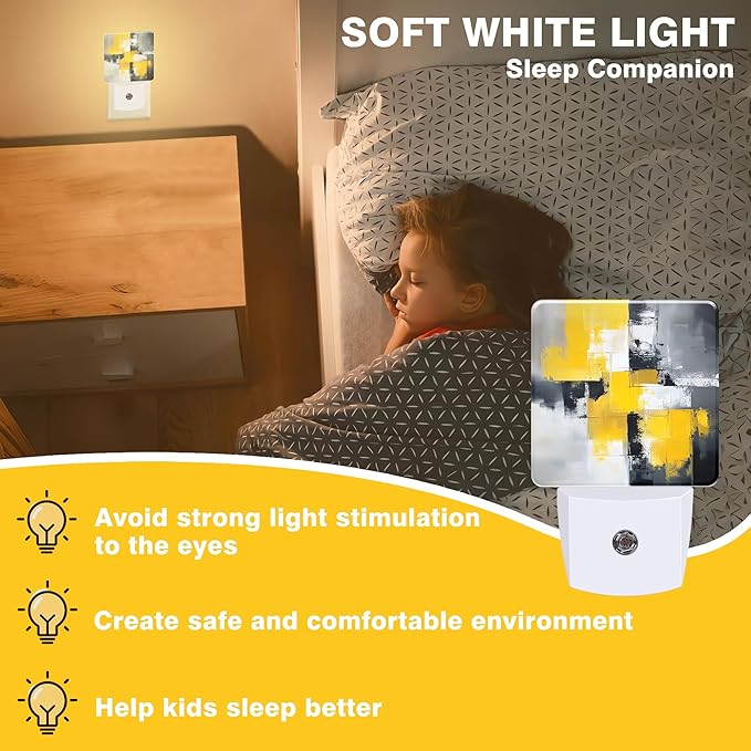 Grey and Yellow Abstract Art Night Light, Plug-in Nightlight with Dusk to Dawn Auto Sensor for Home Bedroom Hallway Kitchen 0.5W Sleep Friendly Led Lamp for Women Men