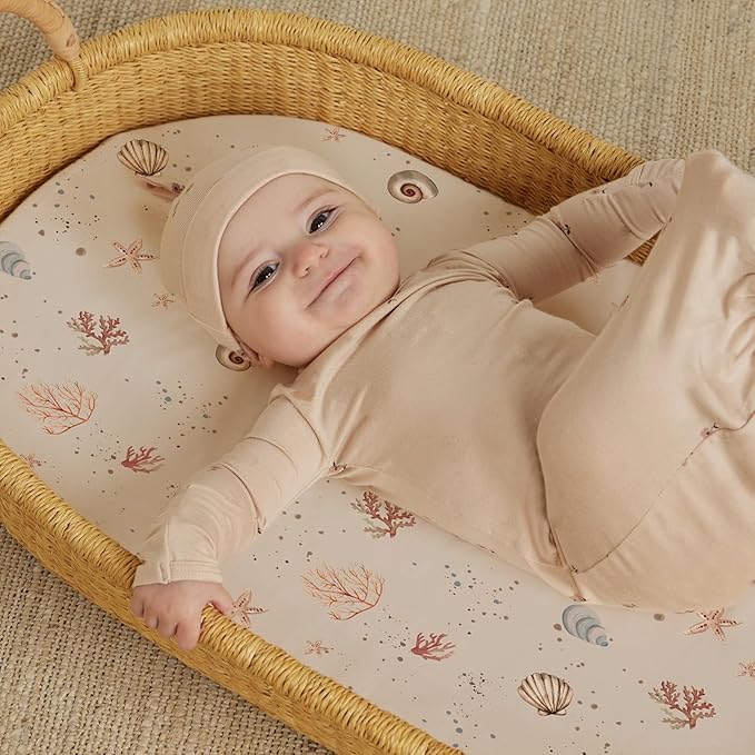 Stretch Fitted Bassinet Sheet Set BROLEX 2 Pack Cradle Sheets for Bassinet Pad/Mattress,Unisex Boys Girls,Ultra Soft,Dolphins Shells