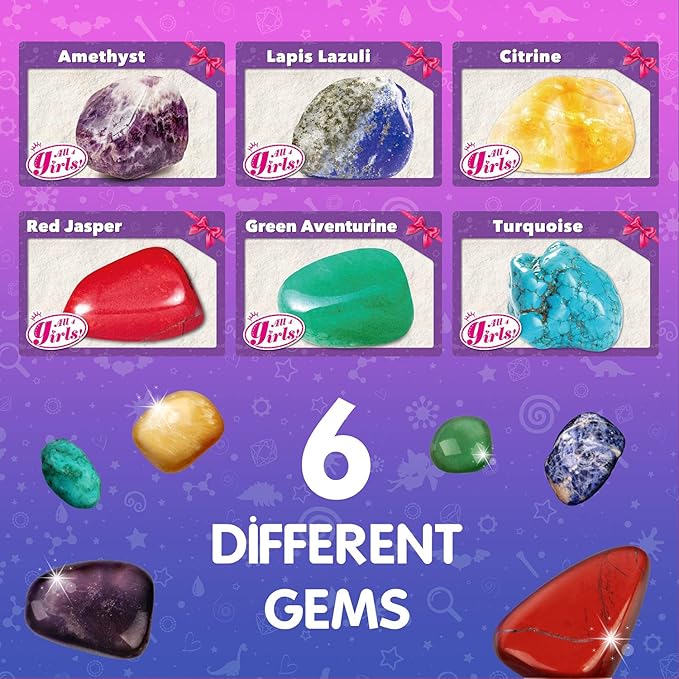 6PCS Gemstone Dig Kit for Kids – Dig Up Amethyst, Lapis Lazuli, Citrine, Red Jasper, Aventurine & Turquoise – DIY Jewelry Making STEM Science Kit Gift for Girls and Boys Ages 6+