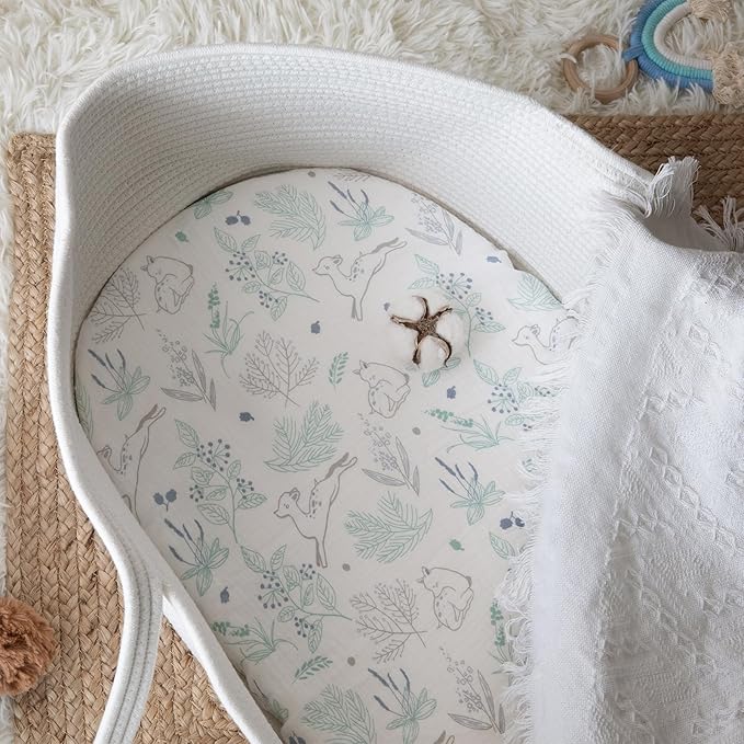 Muslin Bassinet Fitted Sheets, 2 Pack for Baby Boy and Girl, Soft Breathable Baby Pad/Mattress Sheet, Fit for Hourglass Oval and Rectangle Bassinet Mattress (Blue Deer)