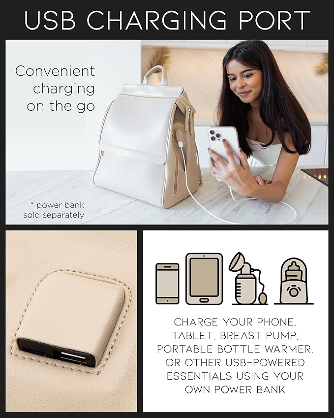 MIA + SOPHIA Leather Diaper Bag Backpack with USB Charging port, Changing Pad, Stroller Straps, and Bottle Holder(Beige Sophia)