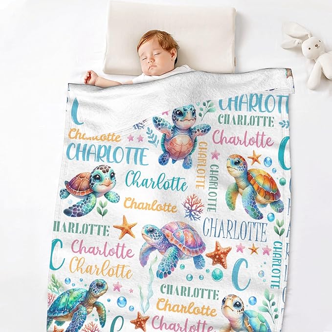 Personalized Baby Blanket for Girls Boys Kids Sea Turtle Custom Baby Blanket with Name Throw Birthday Gift for Toddlers Infants Shower Newborns Nursery Stroller Crib Bed Decor