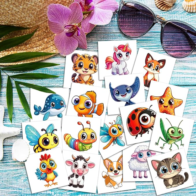 JCFIRE Larger Temporary Tattoos For Kids, 102 Styles Mixed Cute Animals Stickers Birthday Party Favors for Kids 3-5 4-8, Goodie Bag Stuffers Party Supplies Decoration Gifts Activities Games Christmas