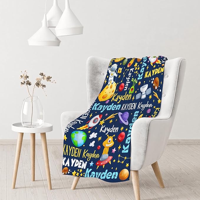 Personalized Baby Blanket for Girls Boys Kids Planet Astronaut Custom Baby Blanket with Name Throw Birthday Gift for Toddlers Infants Shower Newborns Nursery Stroller Crib Bed Decor