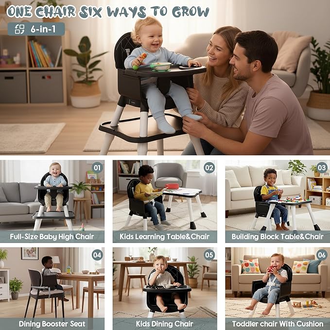 6 in 1 Baby High Chair, Convertible Highchair for Babies and Toddlers (Black)