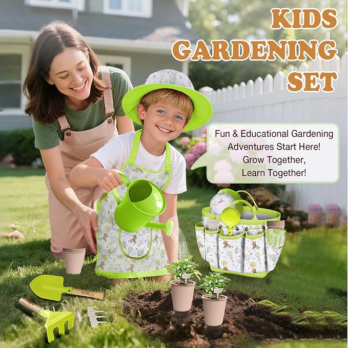 Kids Gardening Tool Set 18PCS Kids Toddler Gardening Set Includes Tote Bag Watering Can Apron Hat Rake Shovel Spoon Gloves Plant Pots and Labels, Outdoor Toys Gift for Boys Girls (Green)