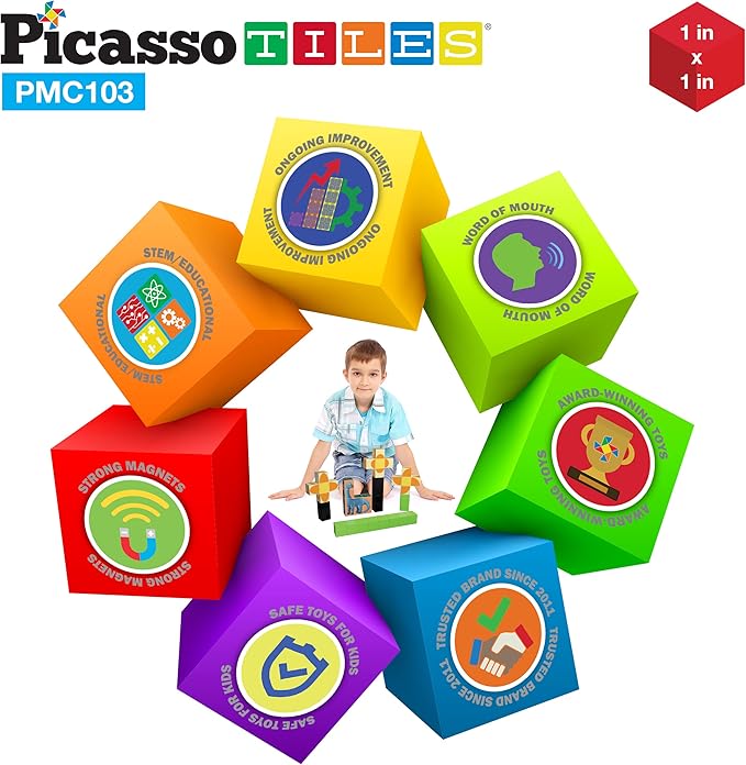 PicassoTiles 103 Pieces 1" Magnetic Toy Building Block Cubes Building Block, 3D Cube Construction Cubes Magnet Sensory Toys Gifts Educational with Free Idea Book for Kid, Boy, Girl & Toddler PMC103