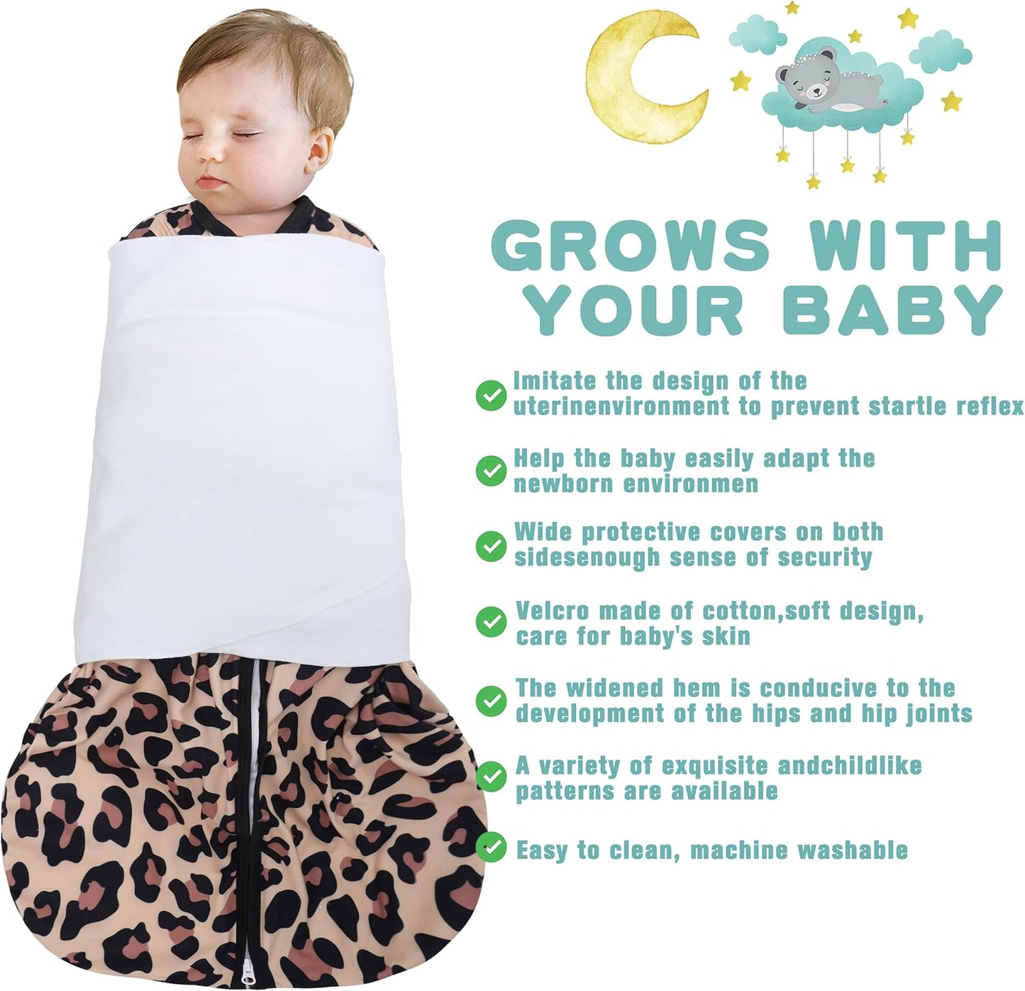 Newborn Sleep Sack Baby Swaddle,3-Way Adjustable Wearable Blanket,100% Rayon Cotton Swaddling Sleeping Bag，TOG 0.5 (Leopard & Cobble, 6-12 Months)