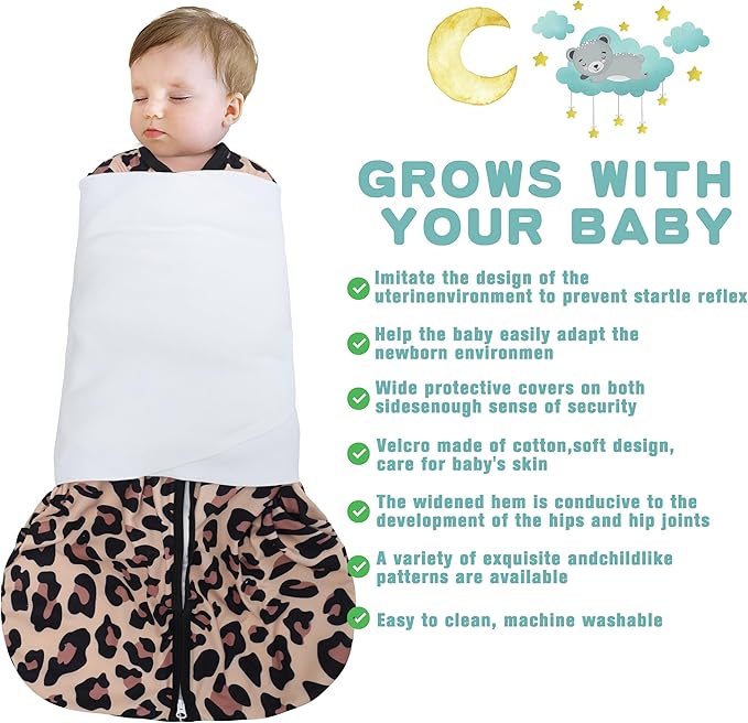 Newborn Sleep Sack Baby Swaddle,3-Way Adjustable Wearable Blanket,100% Rayon Cotton Swaddling Sleeping Bag，TOG 0.5 (Leopard & Cobble, 6-12 Months)
