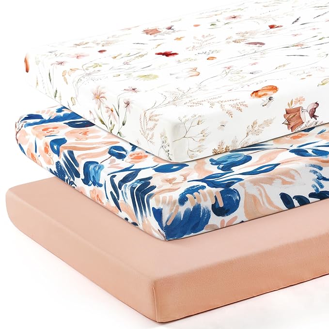 GRSSDER Pack n Play Sheets Fitted 3 Pack, Stretchy Ultra Soft Jersey Knit Pack and Play Sheets, Universal Fitted Portable/Mini Crib Mattresses Snug and Safe, Dream & Blush Flora Print
