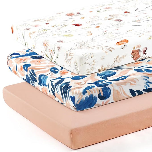 GRSSDER Pack n Play Sheets Fitted 3 Pack, Stretchy Ultra Soft Jersey Knit Pack and Play Sheets, Universal Fitted Portable/Mini Crib Mattresses Snug and Safe, Dream & Blush Flora Print