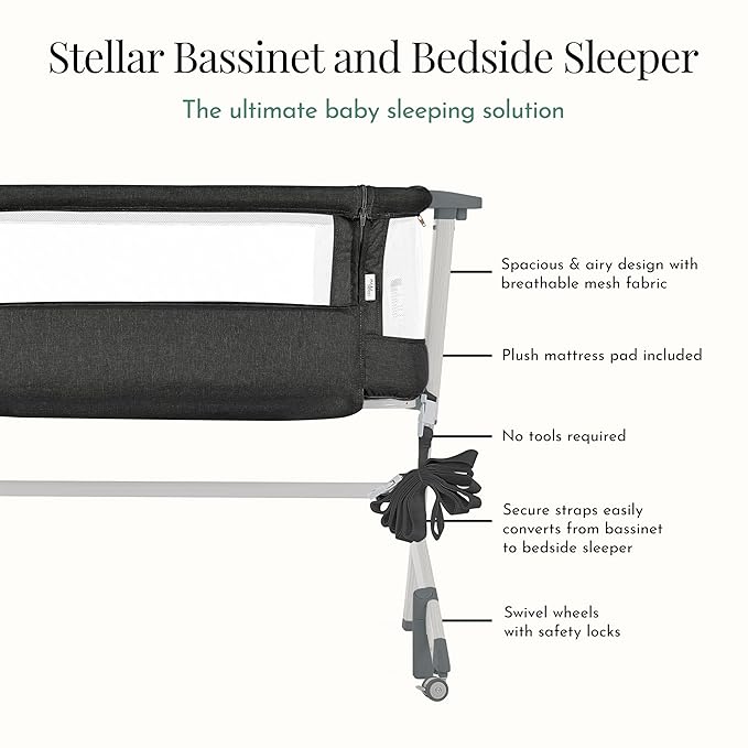 Evolur Stellar Bassinet & Bedside Sleeper – Adjustable Height Bedside Crib for Newborns, Breathable Mesh Sides, Portable Co-Sleeper, Easy To Fold and Travel, Carry Bag Included