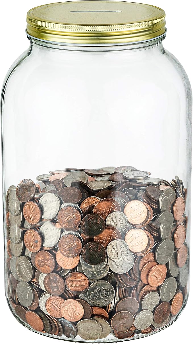 Mason Large Coin Bank with Slotted Gold Lid - Holds Up to $3,000 in Quarters - 1 Gallon Glass Money Jar for Piggy Bank, Tips, Raffle Tickets & Donations - Made in USA