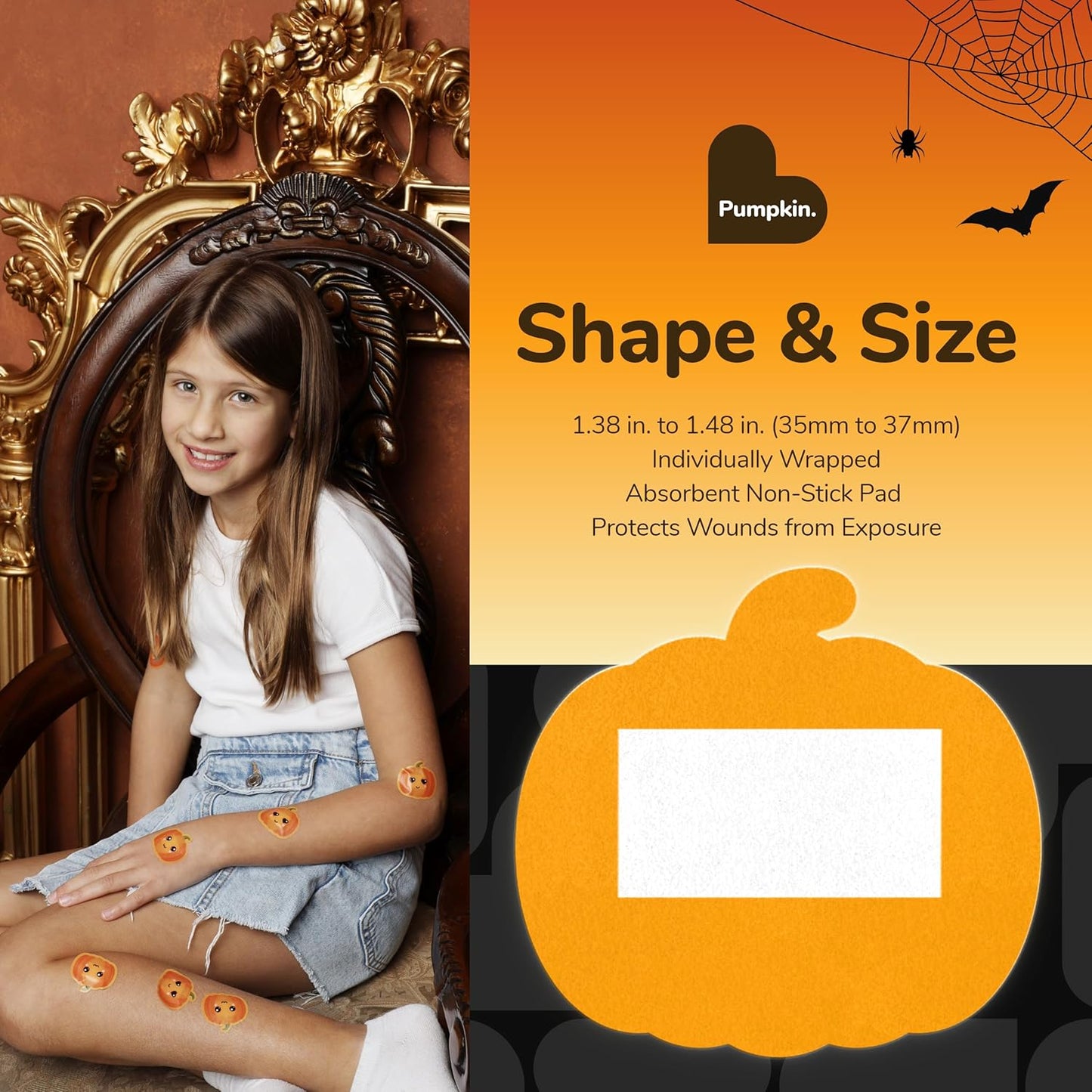 BioSwiss Bandages, Halloween Pumpkin Shaped Self Adhesive Bandage, Latex Free Sterile Wound Care, Fun First Aid Kit Supplies for Kids, 24 Count