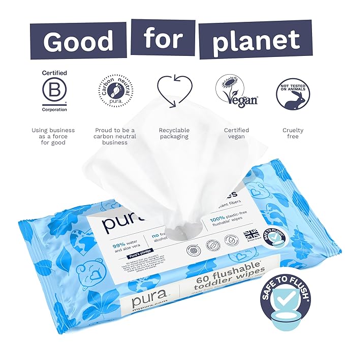 Pura Flushable Toddler Wipes 3 x 60 Wipes (180 Wipes), 100% Plastic Free, 99% Water, Hypoallergenic & Fragrance Free, Totally Chlorine Free, Kids Toilet Wipes, Potty Training