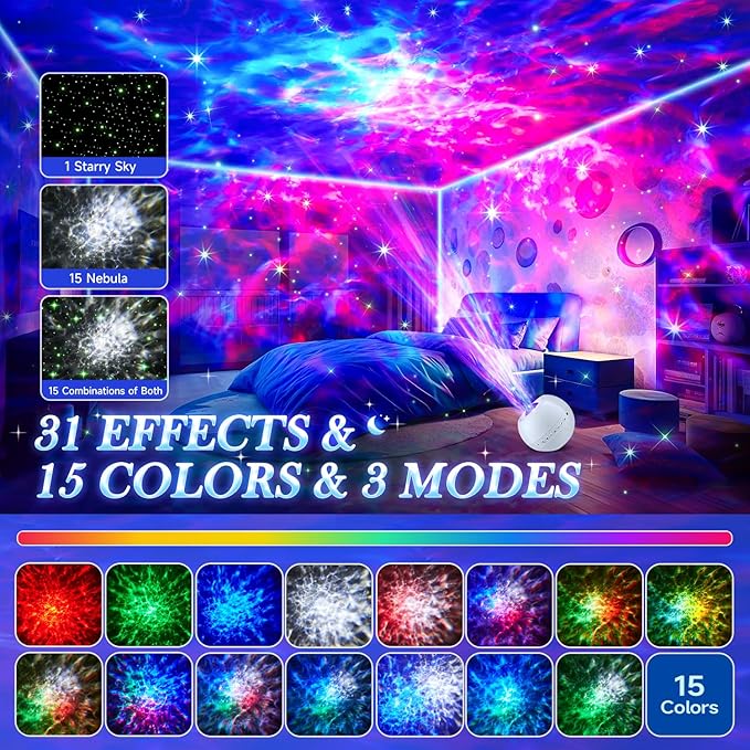Star Projector Galaxy Light Projector ,15 Colors Star Lights for Ceiling Projector, 15 White Noises Galaxy Projector for Bedroom, Bluetooth+Remote+Timer Stars for Ceiling Projector Lights for Bedroom