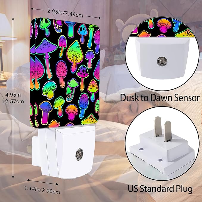 Bright Psychedelic Colors Mushrooms Night Light Plug in Wall Lamp Smart Dusk to Dawn Sensor for Home Decorative, Kids Room Bedroom Bathroom Kitchen Hallway Gifts