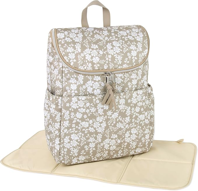 Multi-Function Floral Diaper Backpack and Travel Nappy Baby Bag with Changing Pad and Stroller Straps (Brown Bouquet)