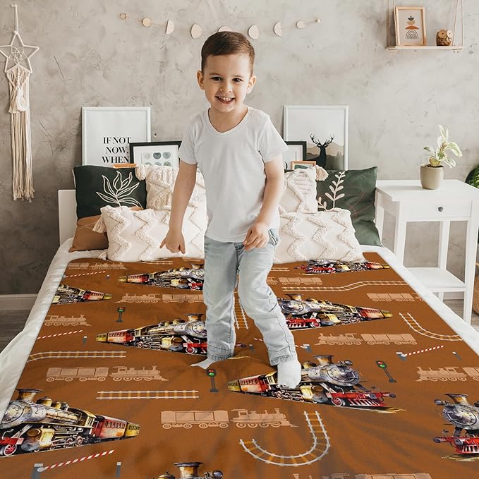 Boys Throw Blankets Train Blanket Gift for Kids Adults Birthday, 60x80 Inches Lightweight Comfy Throw for Couch Chair Bed Office Cute Decor Stuff