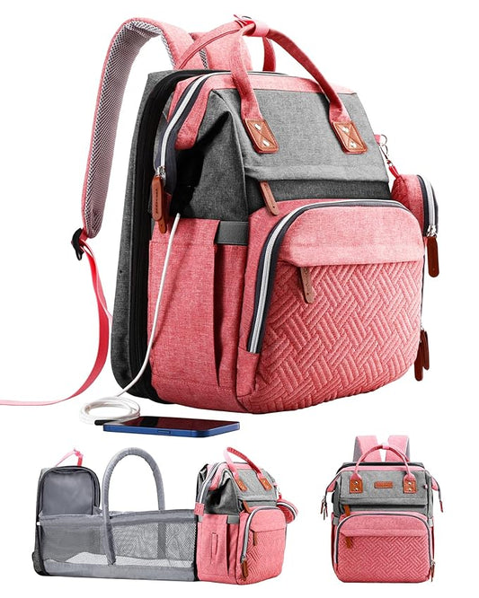Diaper Bag Backpack with Changing Station, Large Diaper Bag, Baby Bag, Multifunctional Diaper Bag, Pinkgray