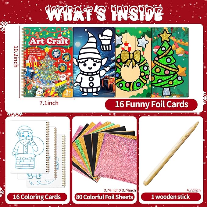 JULEASEL Christmas Foil Paper Arts and Crafts Kits, DIY Xmas Arts and Crafts for Kids, No Mess Foil and Coloring Books, Creative Christmas Gifts for Boys Girls Ages 4+, Kids Travel Essentials Toy