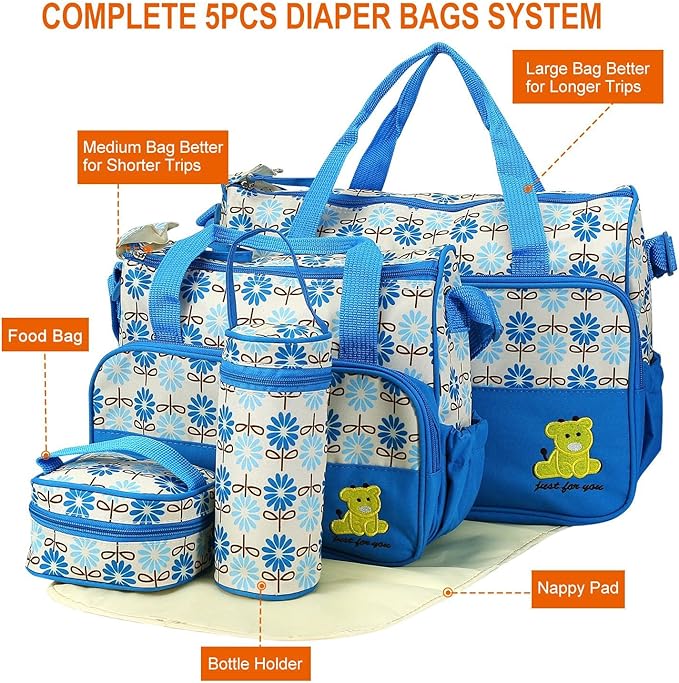 5Pcs Diaper Bag Tote Set,Large Mommy Bag with Portable Nappy Changing Pad,Pacifier Case,Travel Baby Bags for Mom