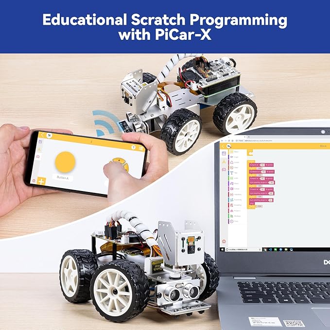 SunFounder PiCar-X AI Video Robot Car Kit with Raspberry Pi Zero 2 W+32G TF Card, ChatGPT-4o Enabled with Video Recognition, Python, Scratch, Camera, Mic, Rechargeable Batterry