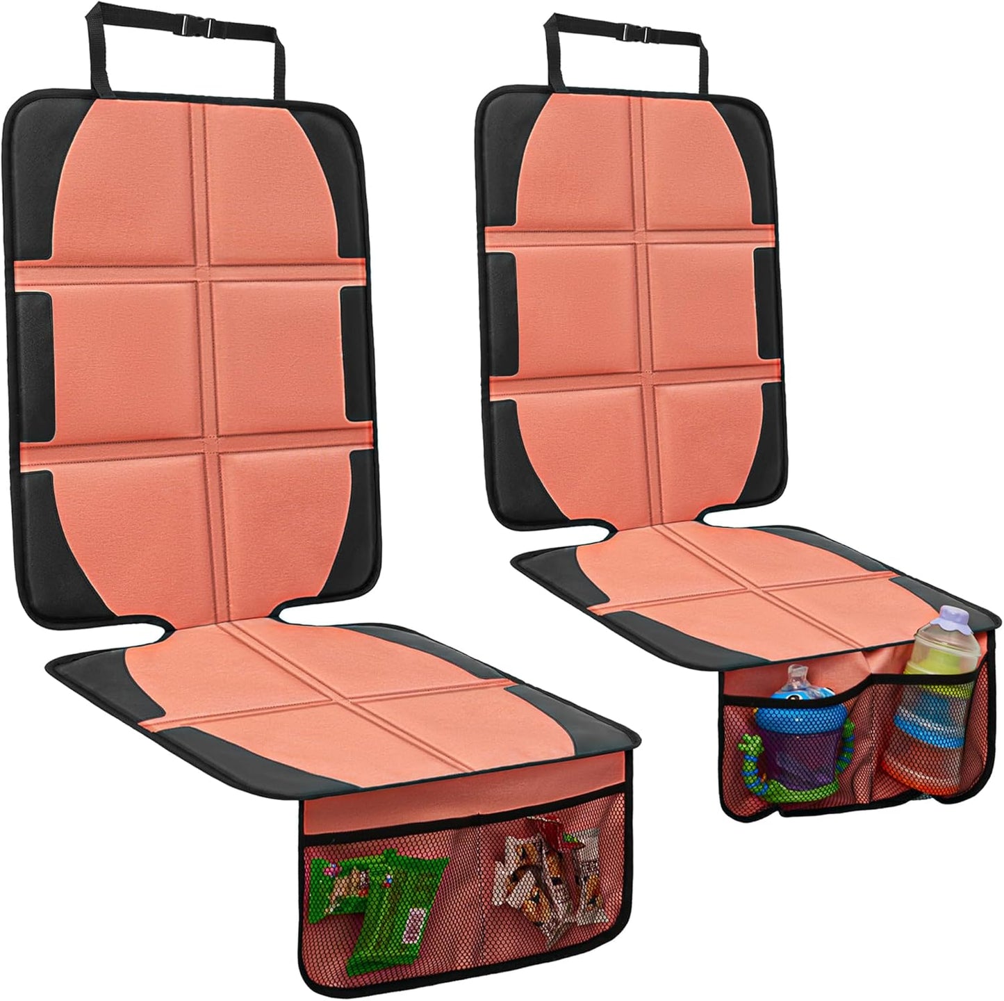 Car Seat Protector for Child, 2 Pack Covers with Mesh Pockets & Non-Slip Backing, 600D Durable Under Seat for Back (Orange, Large)