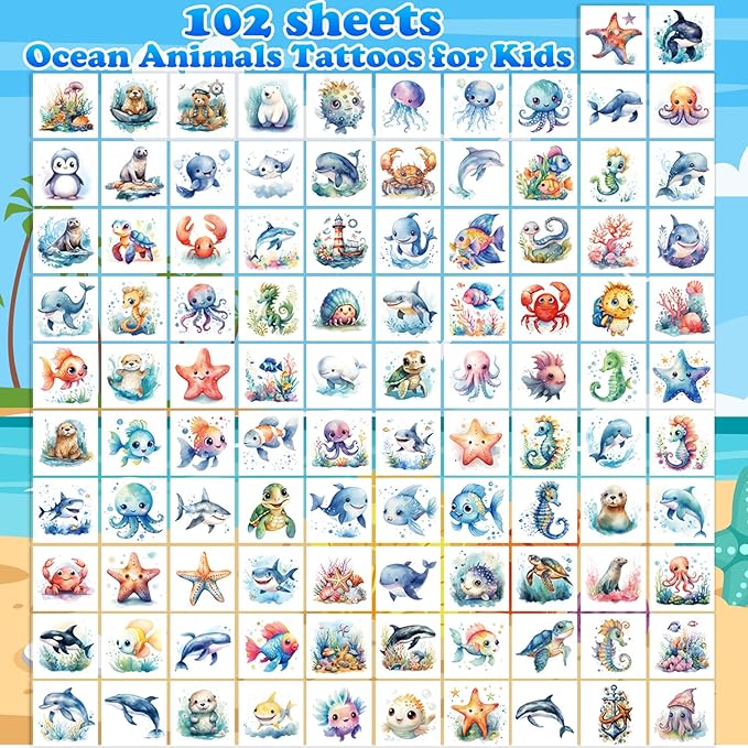102 PCS Individually Wrapped Ocean Animals Temporary Tattoo for kids - Cute Sea Creature Temporary for Girls Boy Body Arm Shoulder Cute Tattoos Stickers, Birthday Party Supplies Gifts for Kids