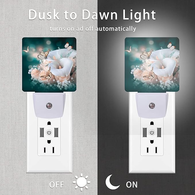 Yellow Roses and Butterfly Night Light,Flower Butterflies Spring Night Lights Plug into Wall Dusk to Dawn Sensor Led Lamp for Women Men for Stairway/Hallway/Bedroom,0.5W