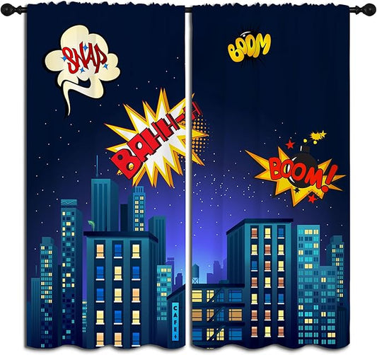 Superhero Rod Pocket Blackout Curtains for Boy Girl Bedroom, Cartoon Skyline Buildings Cityscape Thermal Insulated Home Window Drapes for Living Room Darkening, 72x63 inch