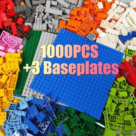 1000 Pieces Building Blocks, Classic Stackable Base Plates, 3 6.3" x 6.3" Blue, Gray and Green Base Plates, Compatible with All Major Brands