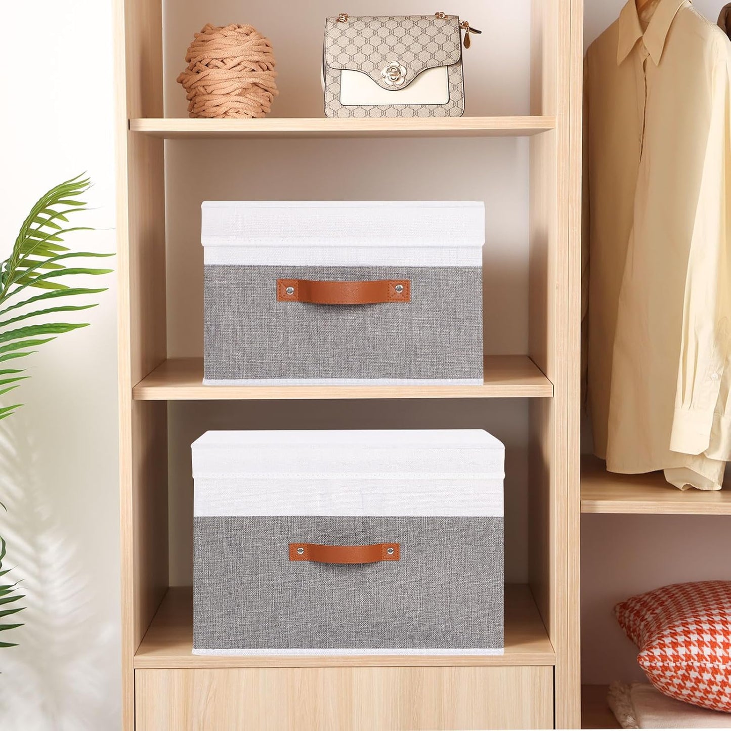 Fabric Storage Boxes with Lids, Linen Foldable Cloth Baskets, 17.7 x 11.8 x 11.8 Inch Closet Organizer Containers with Double Handles, Sweater Bins for Bedroom, White and Grey, 1 Pack